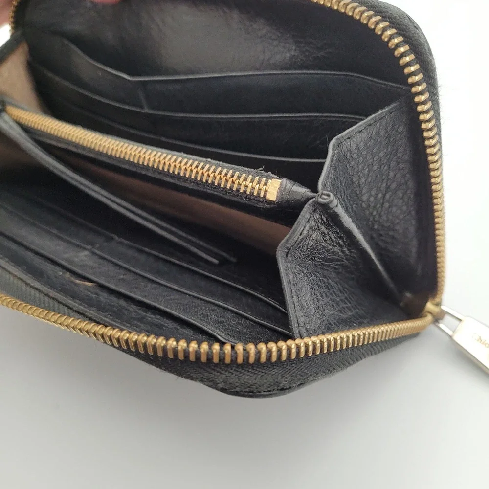 Chloe Black Leather Bobbie Zip Around Wallet Gold Metal Bow Large Long Wallet